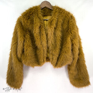 Women's Cropped Faux Fur Jacket Fluffy Shaggy Y2K Festival Coachella Coat XS